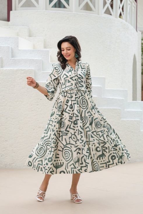 Printed Tiered Fit & Flare Midi Dress